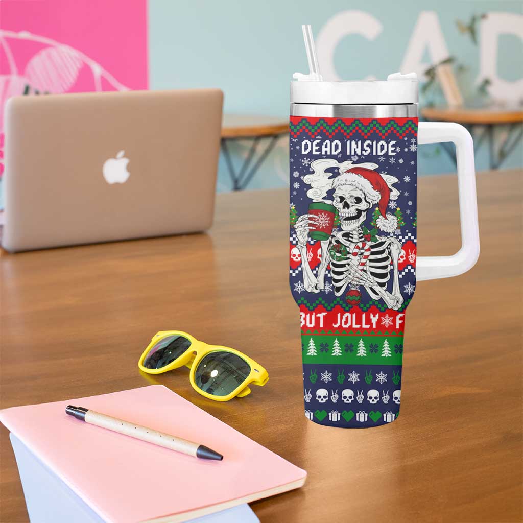 Dead Inside But Jolly Af Christmas Skeleton Tumbler With Handle Xmas Holiday Patterns - Wonder Print Shop