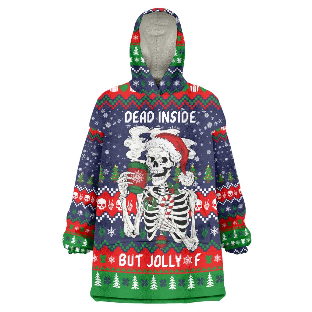 Dead Inside But Jolly Af Christmas Skeleton Wearable Blanket Hoodie Xmas Holiday Patterns - Wonder Print Shop