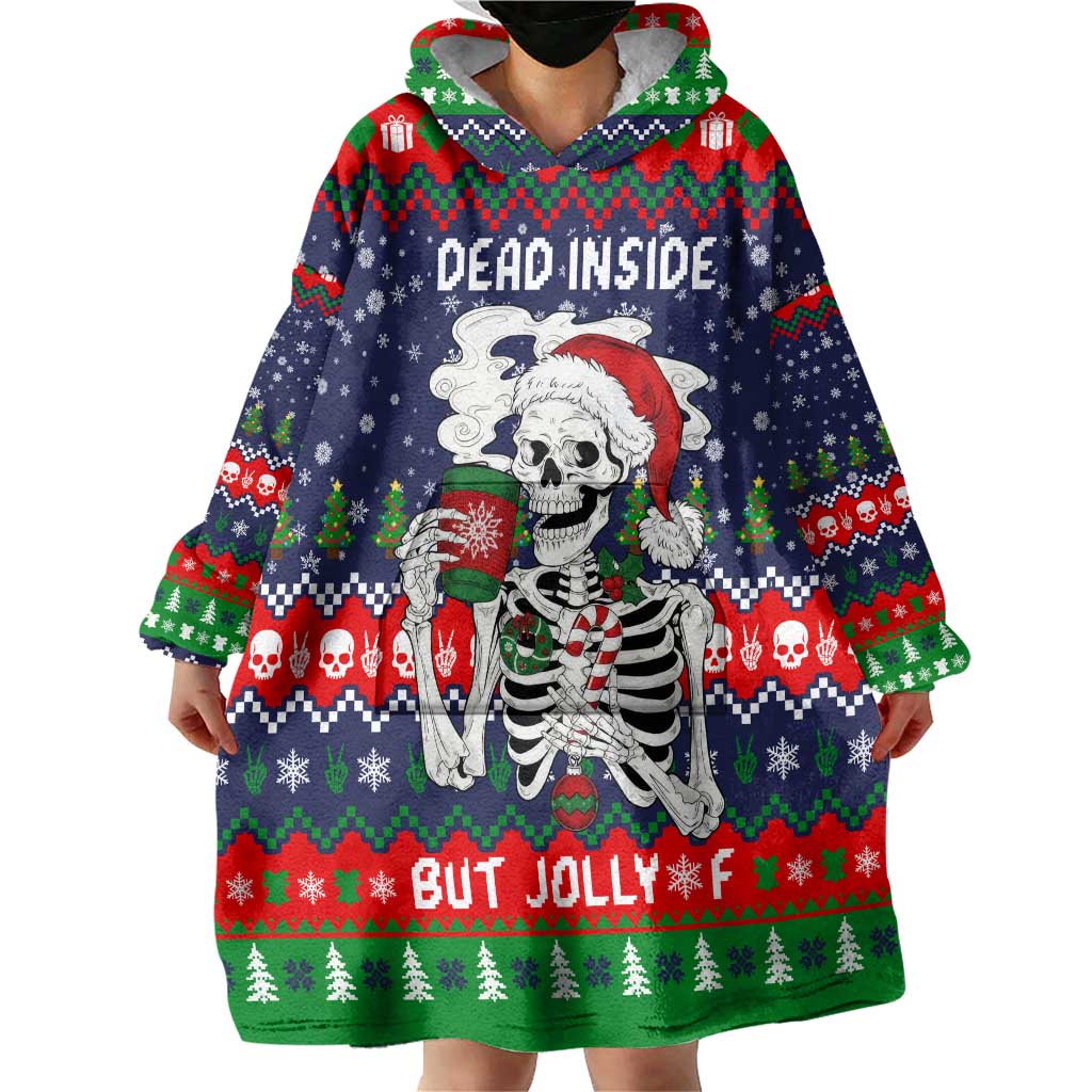 Dead Inside But Jolly Af Christmas Skeleton Wearable Blanket Hoodie Xmas Holiday Patterns - Wonder Print Shop