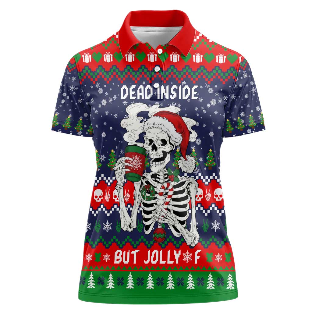 Dead Inside But Jolly Af Christmas Skeleton Women Polo Shirt Xmas Holiday Patterns - Wonder Print Shop