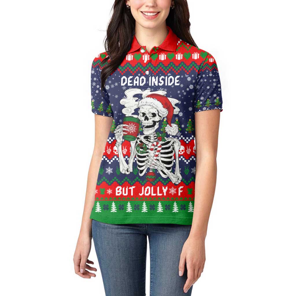 Dead Inside But Jolly Af Christmas Skeleton Women Polo Shirt Xmas Holiday Patterns - Wonder Print Shop