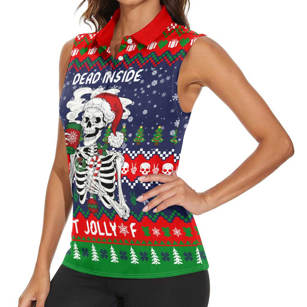 Dead Inside But Jolly Af Christmas Skeleton Women Sleeveless Polo Shirt Xmas Holiday Patterns - Wonder Print Shop