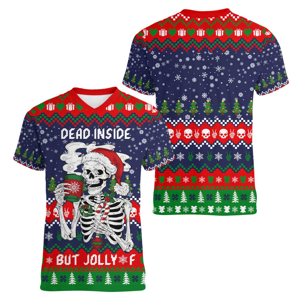 Dead Inside But Jolly Af Christmas Skeleton Women V-Neck T-Shirt Xmas Holiday Patterns - Wonder Print Shop