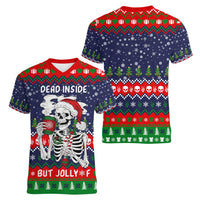 Dead Inside But Jolly Af Christmas Skeleton Women V-Neck T-Shirt Xmas Holiday Patterns - Wonder Print Shop