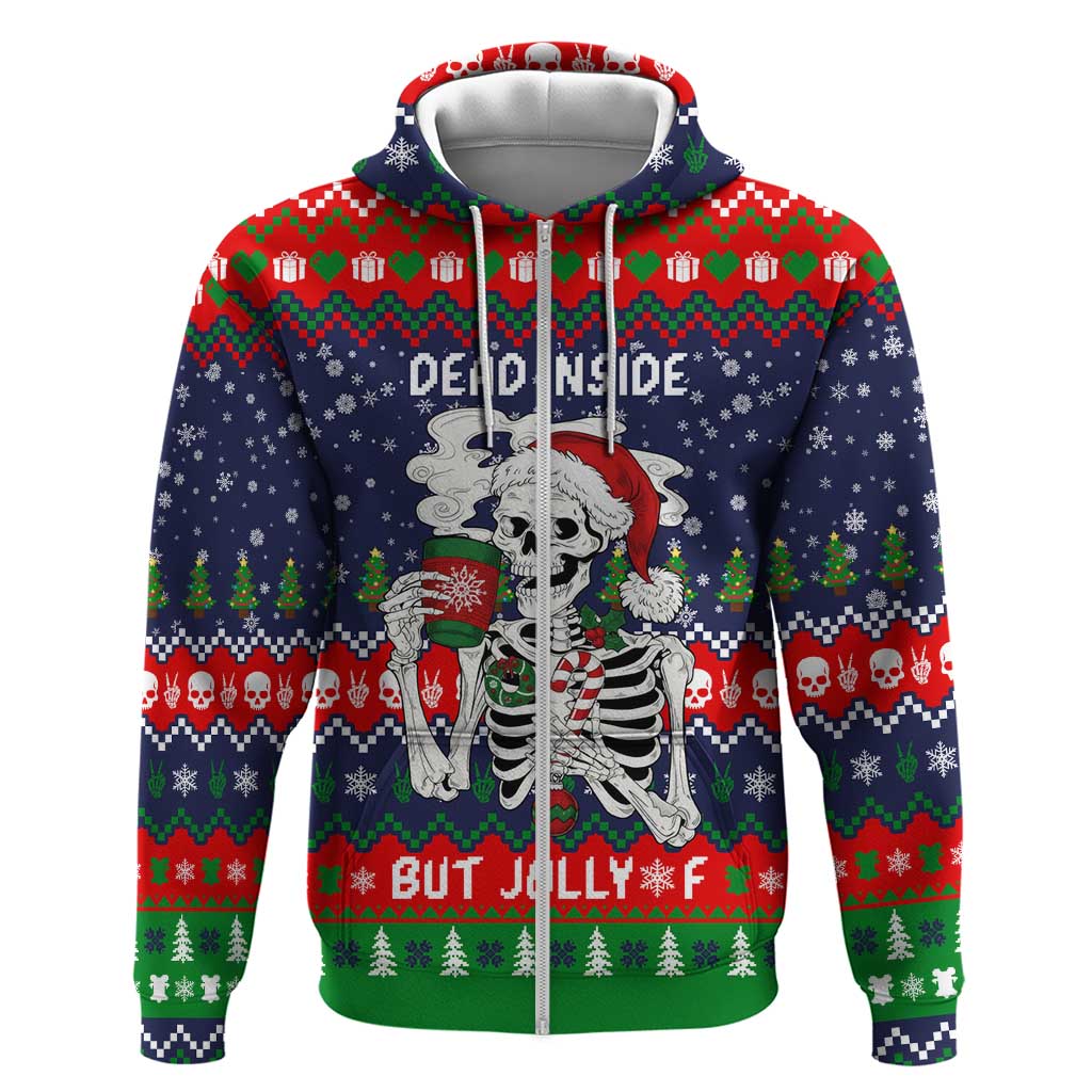 Dead Inside But Jolly Af Christmas Skeleton Zip Hoodie Xmas Holiday Patterns - Wonder Print Shop