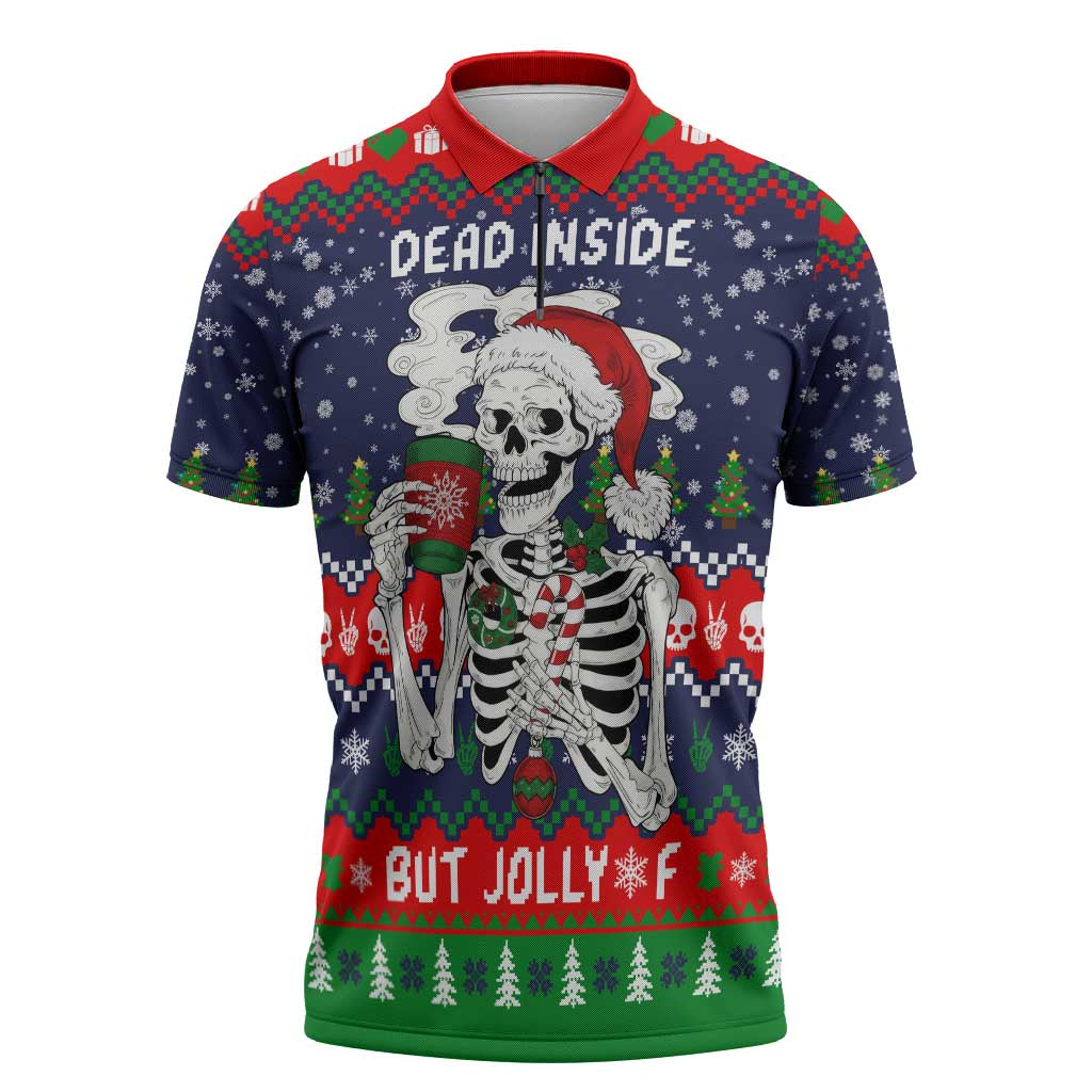 Dead Inside But Jolly Af Christmas Skeleton Zipper Polo Shirt Xmas Holiday Patterns - Wonder Print Shop