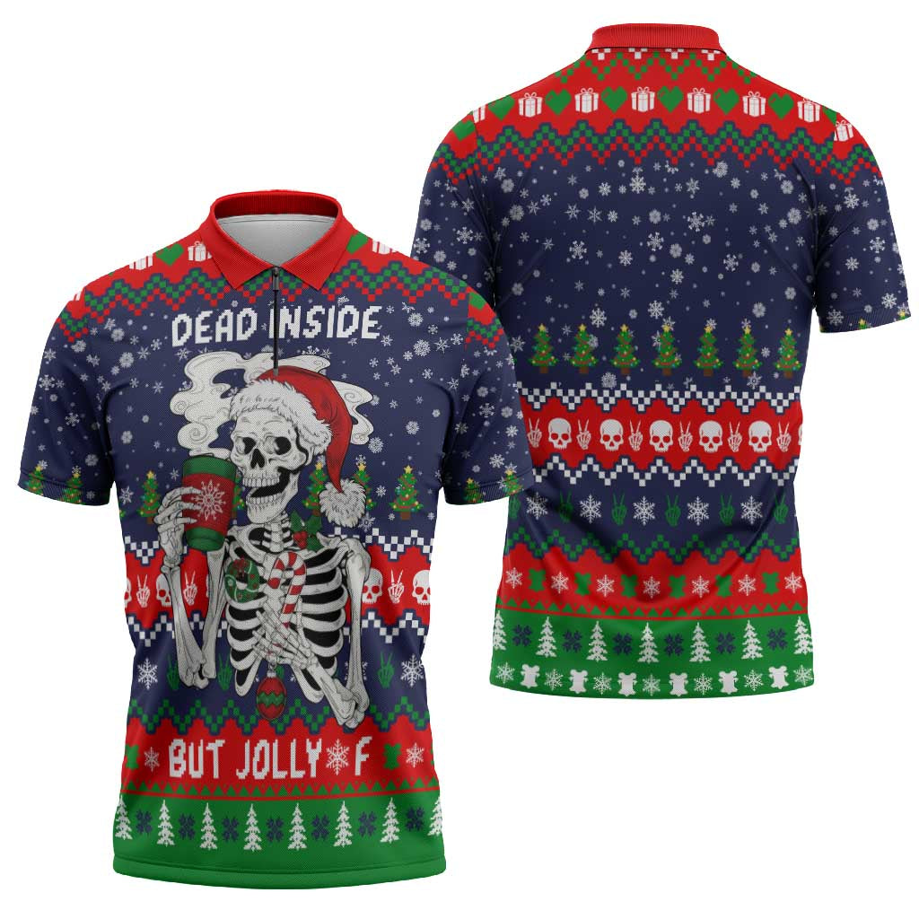 Dead Inside But Jolly Af Christmas Skeleton Zipper Polo Shirt Xmas Holiday Patterns - Wonder Print Shop