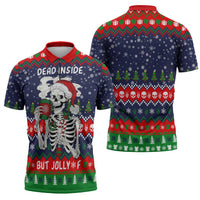 Dead Inside But Jolly Af Christmas Skeleton Zipper Polo Shirt Xmas Holiday Patterns - Wonder Print Shop
