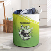 Personalized Skull Bowling Laundry Basket with Neon Green Strike Design - Edgy Bowler Style - Wonder Print Shop