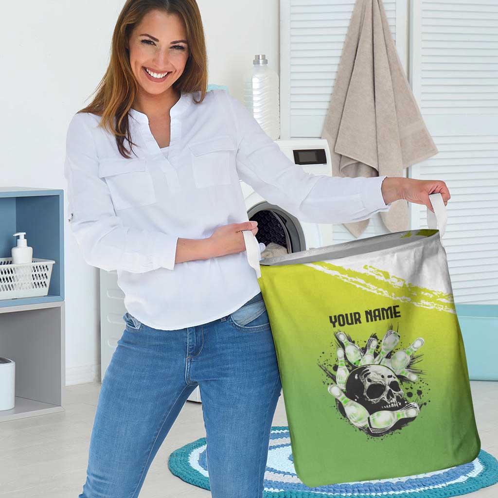 Personalized Skull Bowling Laundry Basket with Neon Green Strike Design - Edgy Bowler Style - Wonder Print Shop