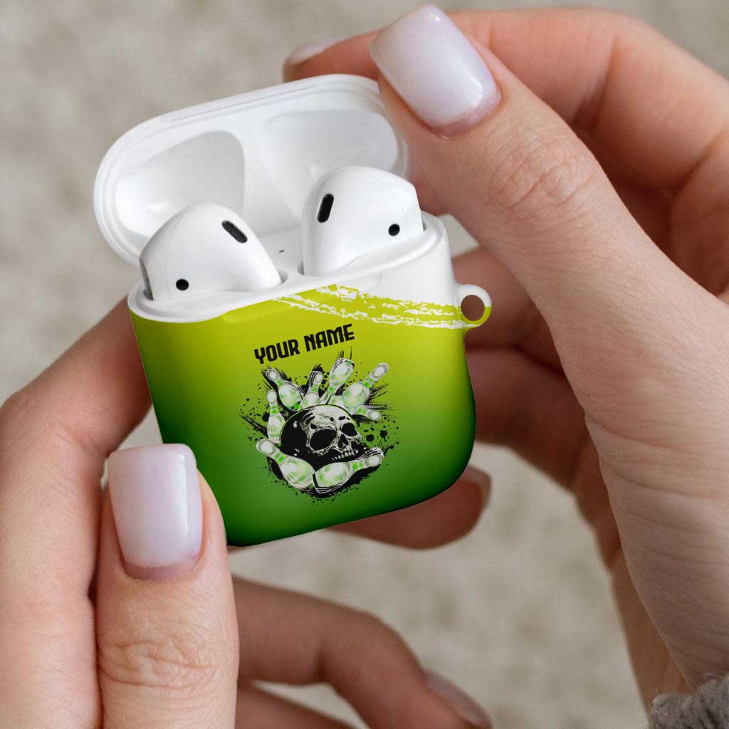 Personalized Skull Bowling AirPods Case with Neon Green Strike Design - Edgy Bowler Style - Wonder Print Shop