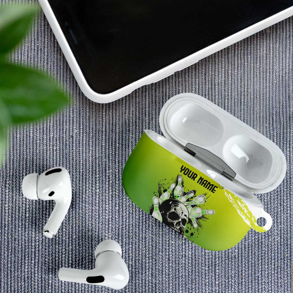 Personalized Skull Bowling AirPods Case with Neon Green Strike Design - Edgy Bowler Style - Wonder Print Shop