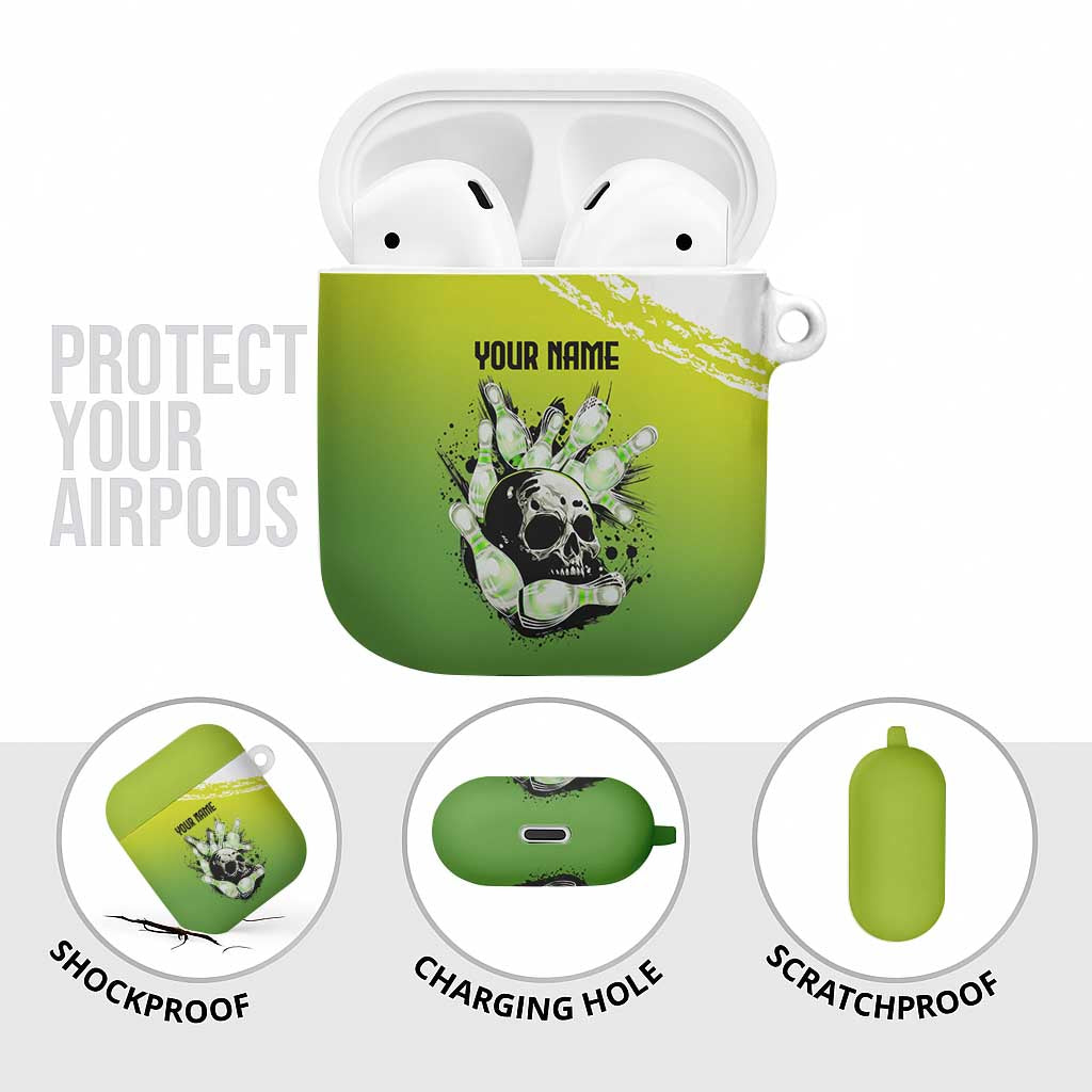 Personalized Skull Bowling AirPods Case with Neon Green Strike Design - Edgy Bowler Style - Wonder Print Shop