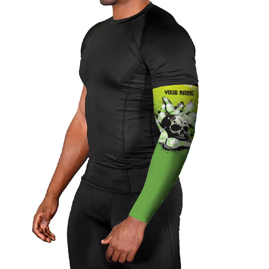 Personalized Skull Bowling Arm Sleeves with Neon Green Strike Design - Edgy Bowler Style - Wonder Print Shop