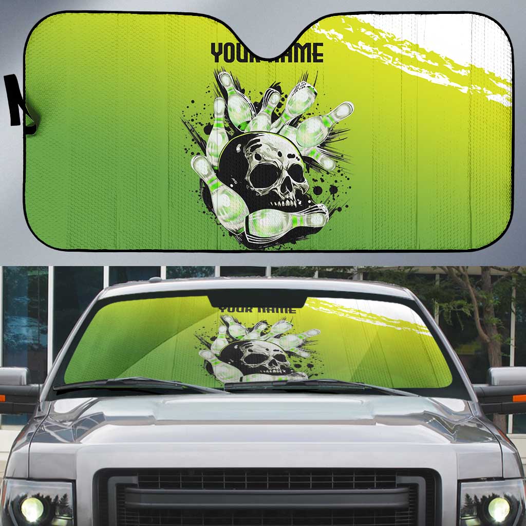 Personalized Skull Bowling Auto Sun Shade with Neon Green Strike Design - Edgy Bowler Style - Wonder Print Shop