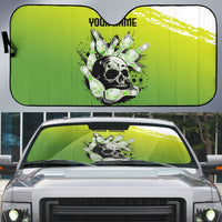 Personalized Skull Bowling Auto Sun Shade with Neon Green Strike Design - Edgy Bowler Style - Wonder Print Shop