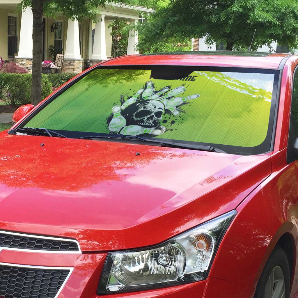 Personalized Skull Bowling Auto Sun Shade with Neon Green Strike Design - Edgy Bowler Style - Wonder Print Shop