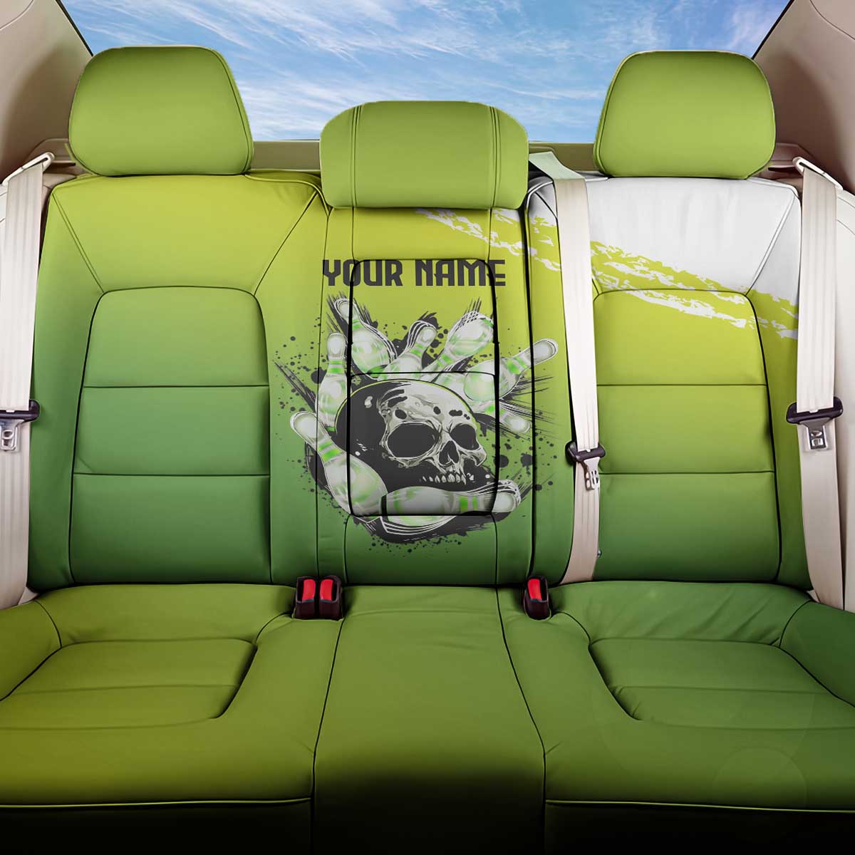 Personalized Skull Bowling Back Car Seat Cover with Neon Green Strike Design - Edgy Bowler Style - Wonder Print Shop