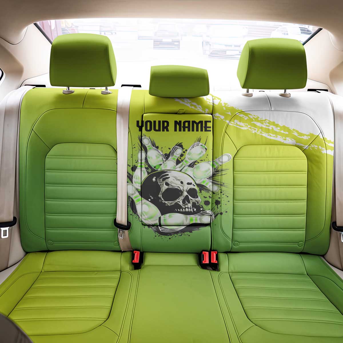 Personalized Skull Bowling Back Car Seat Cover with Neon Green Strike Design - Edgy Bowler Style - Wonder Print Shop