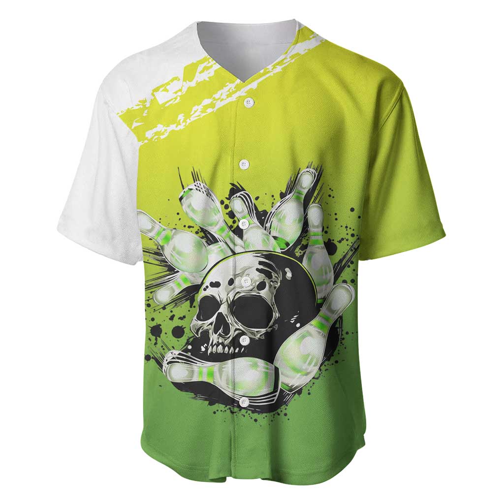 Personalized Skull Bowling Baseball Jersey with Neon Green Strike Design - Edgy Bowler Style - Wonder Print Shop