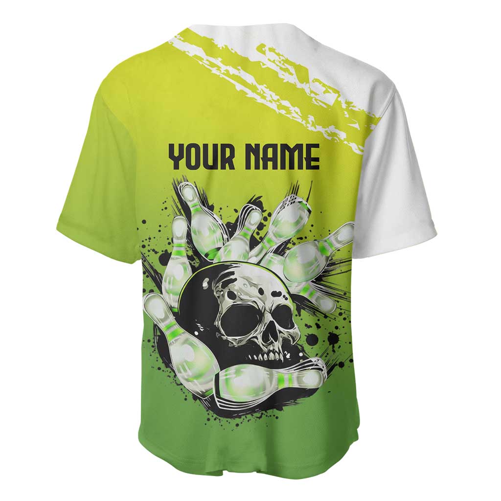 Personalized Skull Bowling Baseball Jersey with Neon Green Strike Design - Edgy Bowler Style - Wonder Print Shop