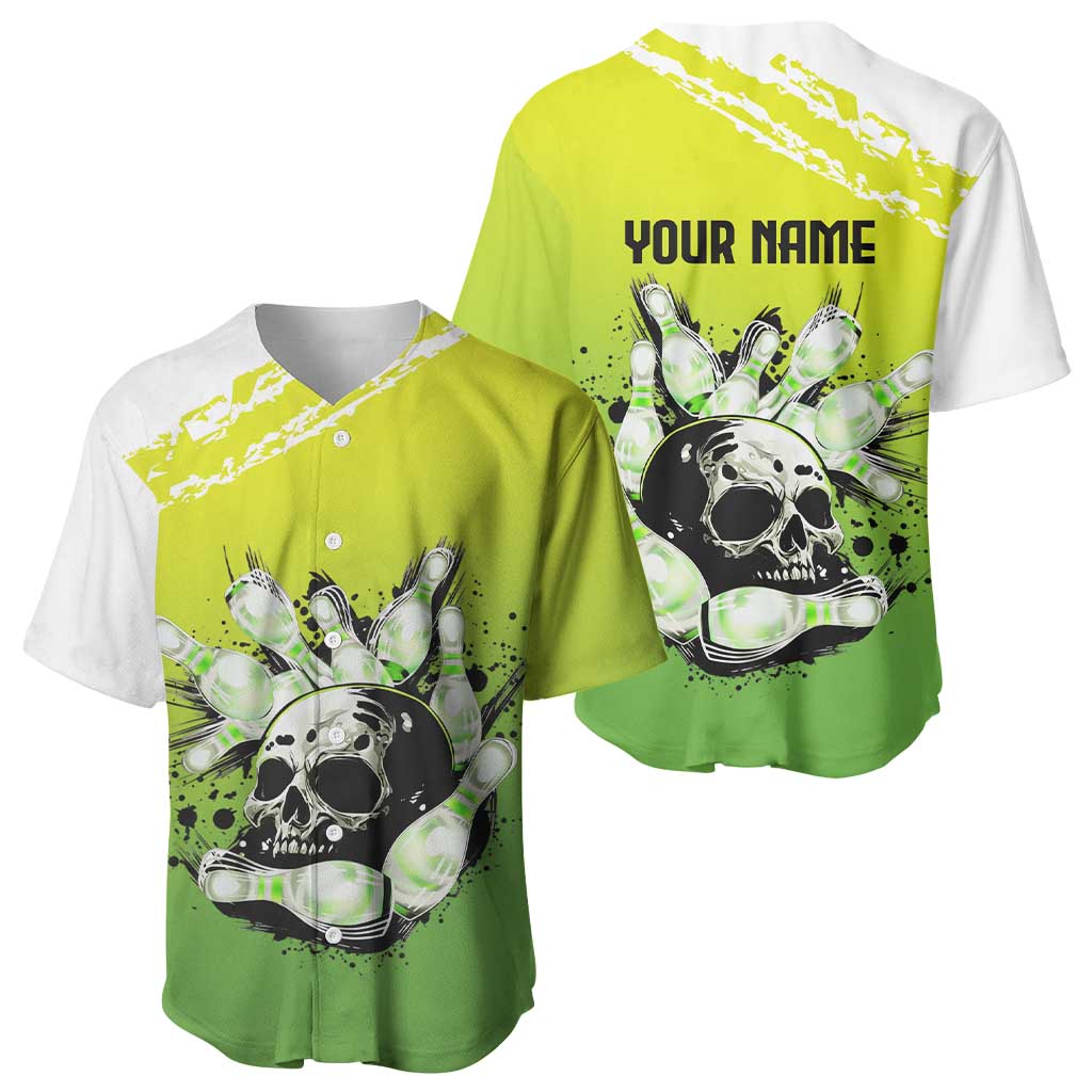 Personalized Skull Bowling Baseball Jersey with Neon Green Strike Design - Edgy Bowler Style - Wonder Print Shop