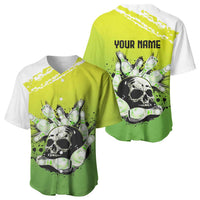 Personalized Skull Bowling Baseball Jersey with Neon Green Strike Design - Edgy Bowler Style - Wonder Print Shop