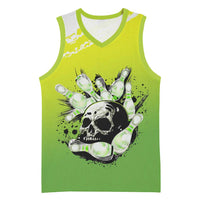 Personalized Skull Bowling Basketball Jersey with Neon Green Strike Design - Edgy Bowler Style - Wonder Print Shop