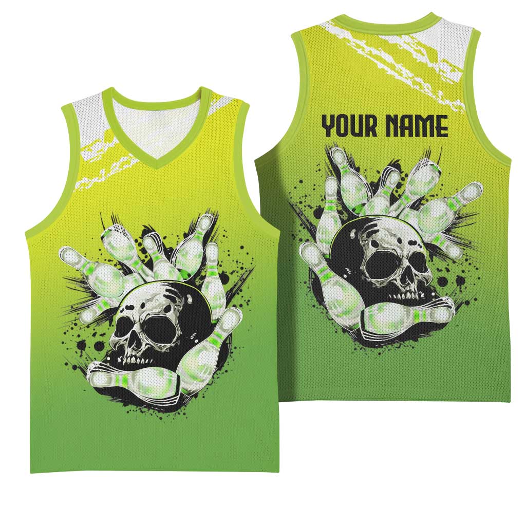 Personalized Skull Bowling Basketball Jersey with Neon Green Strike Design - Edgy Bowler Style - Wonder Print Shop