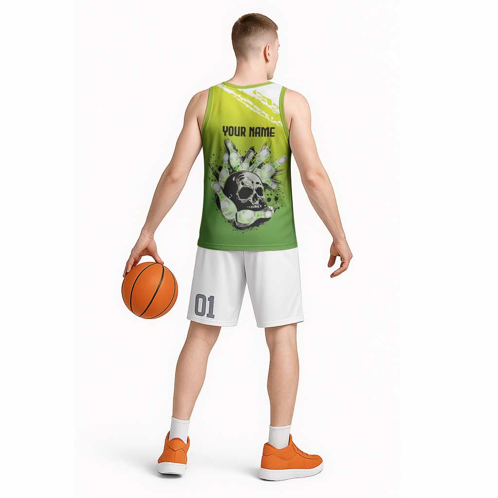 Personalized Skull Bowling Basketball Jersey with Neon Green Strike Design - Edgy Bowler Style - Wonder Print Shop