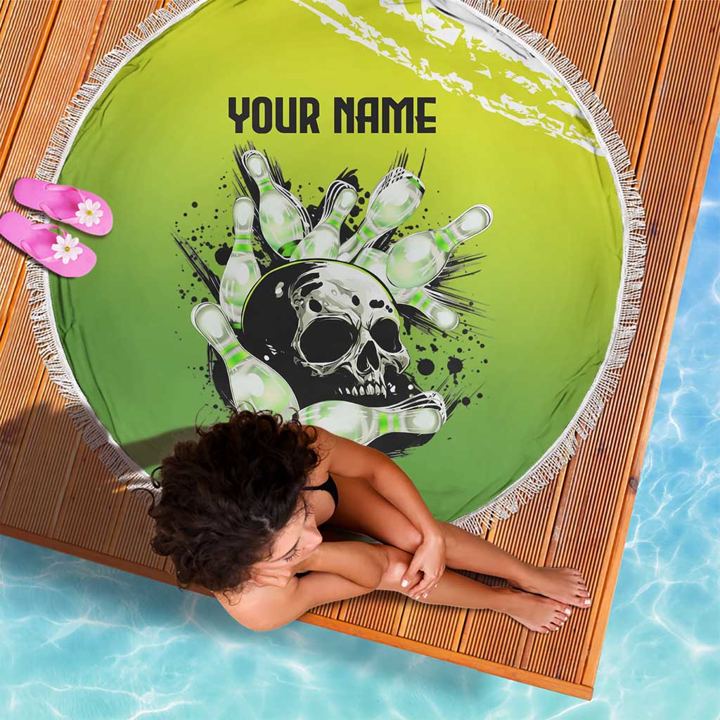 Personalized Skull Bowling Beach Blanket with Neon Green Strike Design - Edgy Bowler Style - Wonder Print Shop