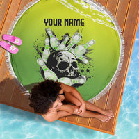 Personalized Skull Bowling Beach Blanket with Neon Green Strike Design - Edgy Bowler Style - Wonder Print Shop