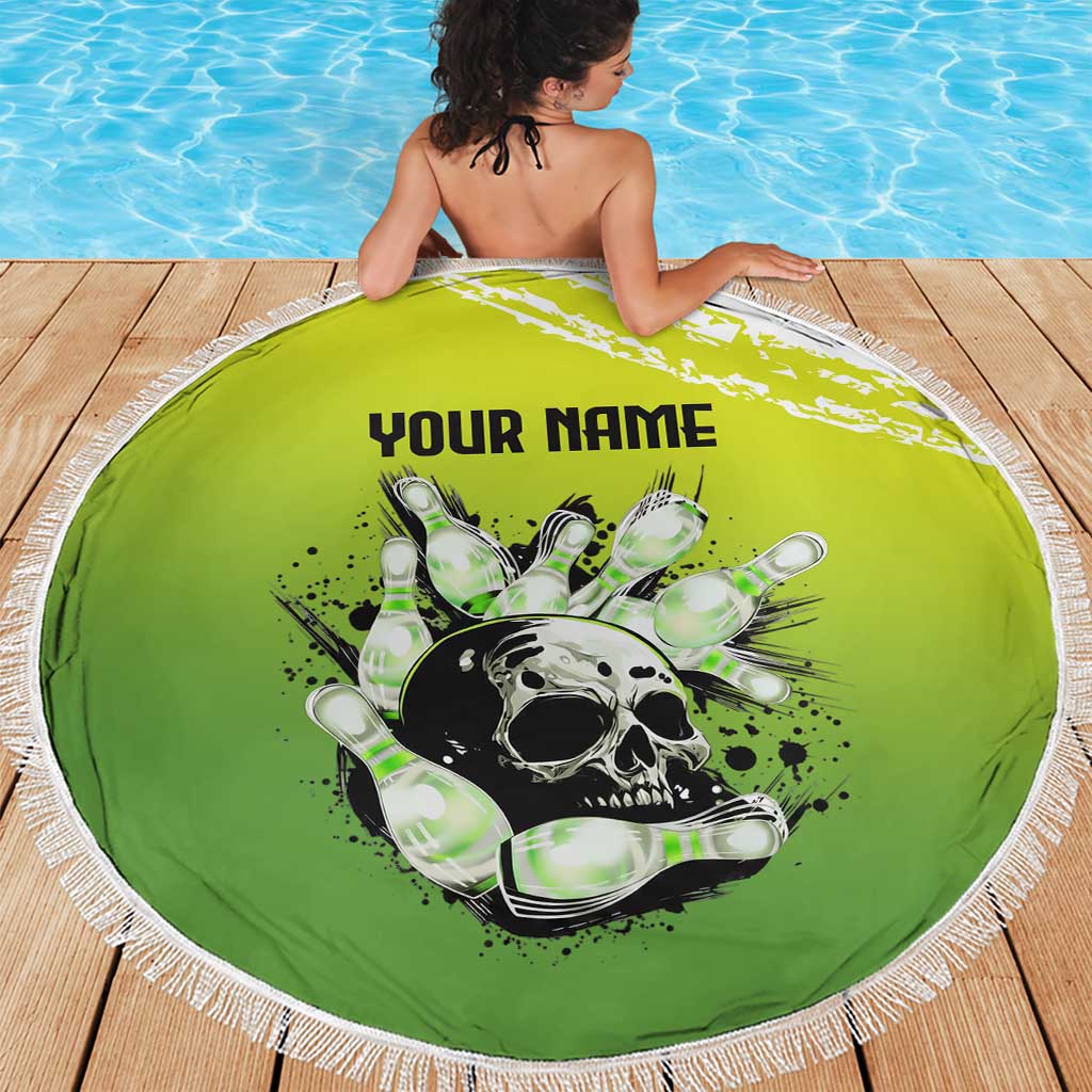 Personalized Skull Bowling Beach Blanket with Neon Green Strike Design - Edgy Bowler Style - Wonder Print Shop