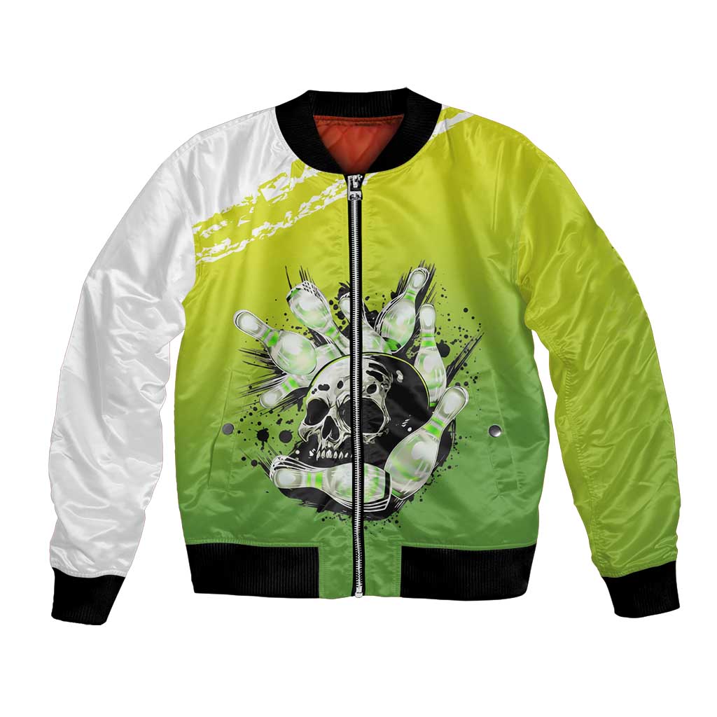 Personalized Skull Bowling Bomber Jacket with Neon Green Strike Design - Edgy Bowler Style - Wonder Print Shop