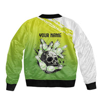 Personalized Skull Bowling Bomber Jacket with Neon Green Strike Design - Edgy Bowler Style - Wonder Print Shop