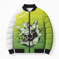 Personalized Skull Bowling Bomber Puffer Jacket with Neon Green Strike Design - Edgy Bowler Style - Wonder Print Shop