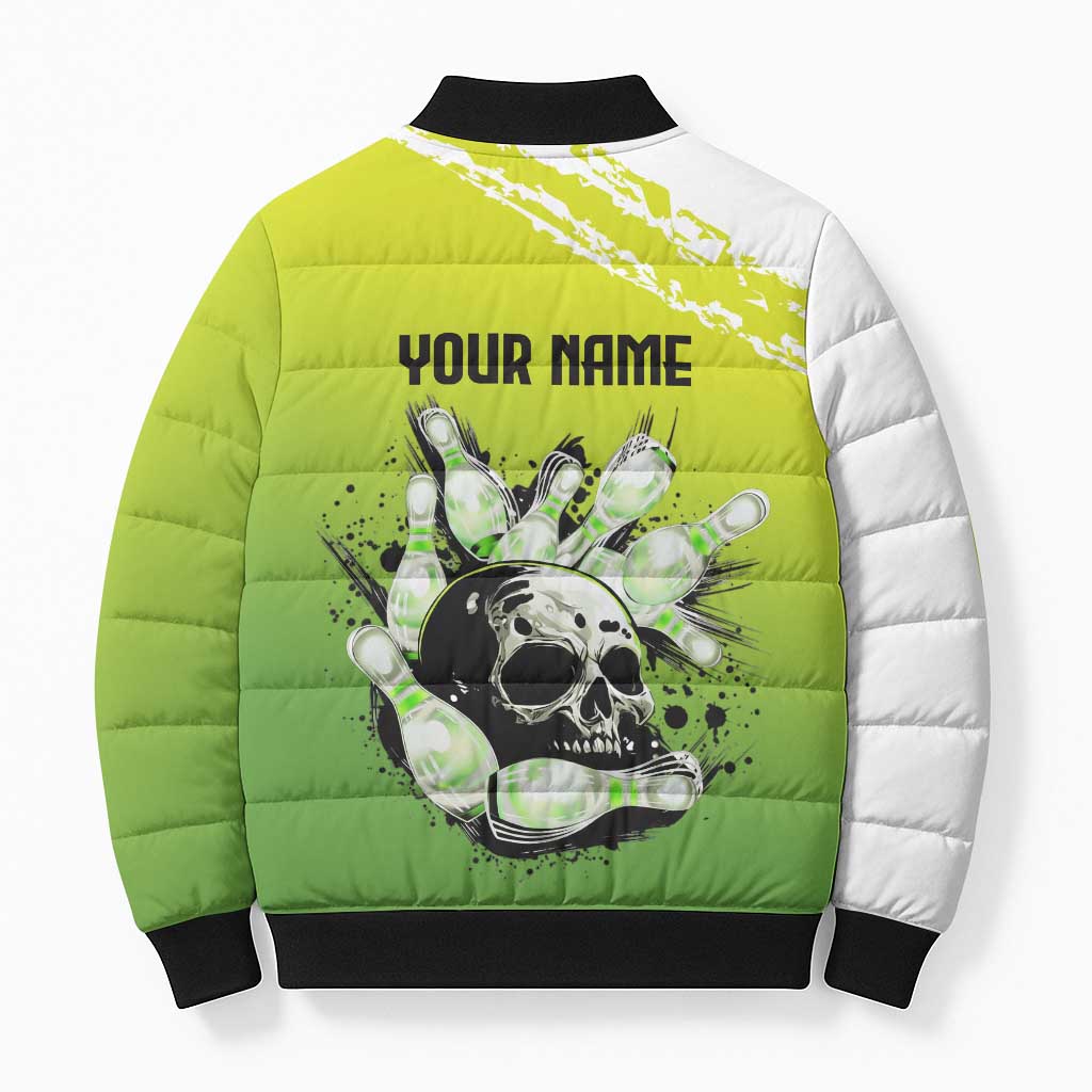 Personalized Skull Bowling Bomber Puffer Jacket with Neon Green Strike Design - Edgy Bowler Style - Wonder Print Shop