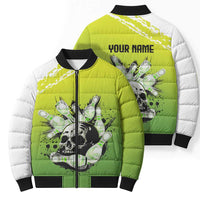 Personalized Skull Bowling Bomber Puffer Jacket with Neon Green Strike Design - Edgy Bowler Style - Wonder Print Shop