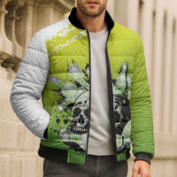 Personalized Skull Bowling Bomber Puffer Jacket with Neon Green Strike Design - Edgy Bowler Style - Wonder Print Shop