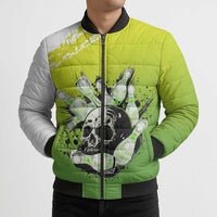 Personalized Skull Bowling Bomber Puffer Jacket with Neon Green Strike Design - Edgy Bowler Style - Wonder Print Shop