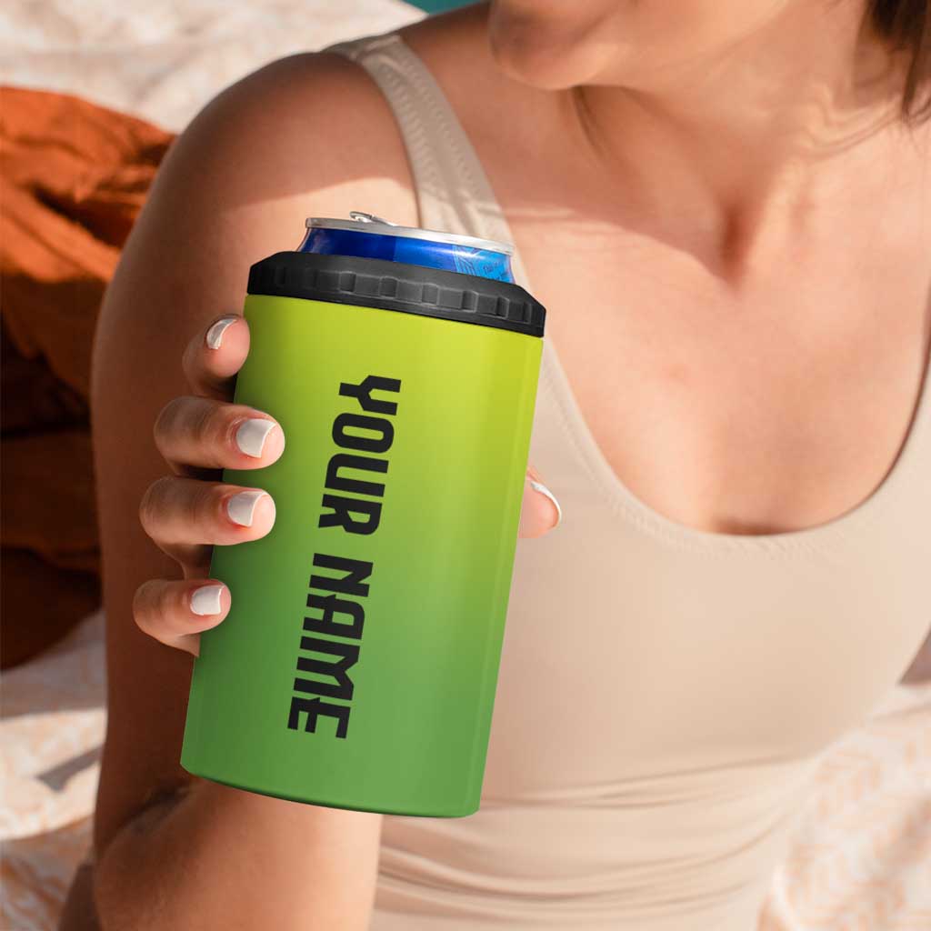 Personalized Skull Bowling 4 in 1 Can Cooler Tumbler with Neon Green Strike Design - Edgy Bowler Style - Wonder Print Shop