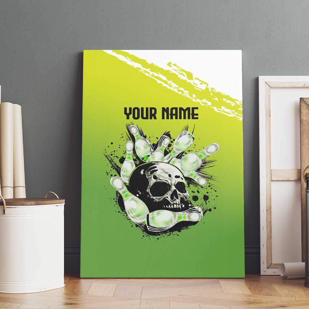 Personalized Skull Bowling Canvas Wall Art with Neon Green Strike Design - Edgy Bowler Style - Wonder Print Shop