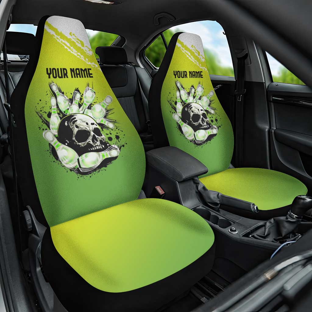 Personalized Skull Bowling Car Seat Cover with Neon Green Strike Design - Edgy Bowler Style - Wonder Print Shop