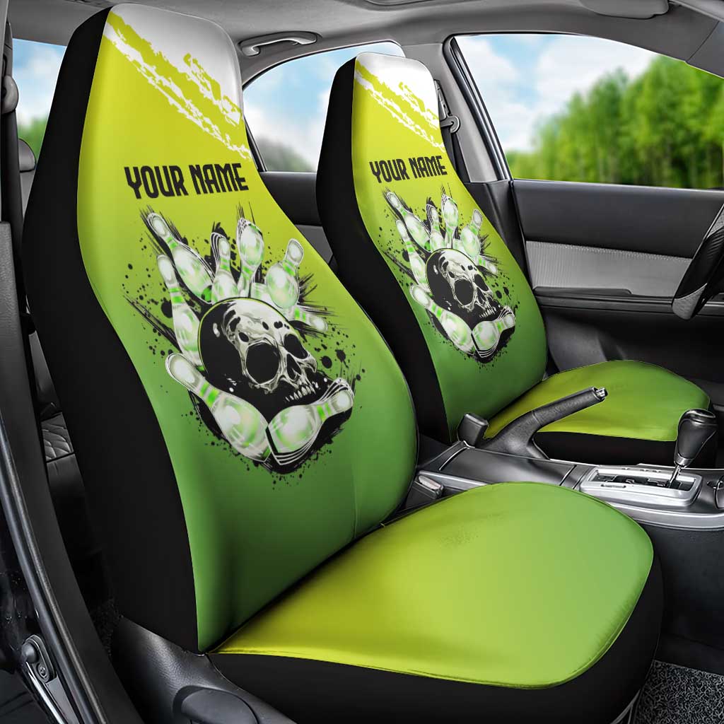 Personalized Skull Bowling Car Seat Cover with Neon Green Strike Design - Edgy Bowler Style - Wonder Print Shop