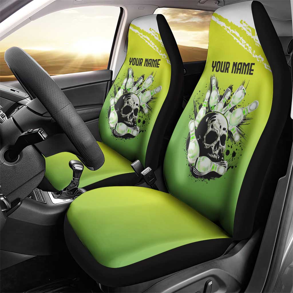 Personalized Skull Bowling Car Seat Cover with Neon Green Strike Design - Edgy Bowler Style - Wonder Print Shop
