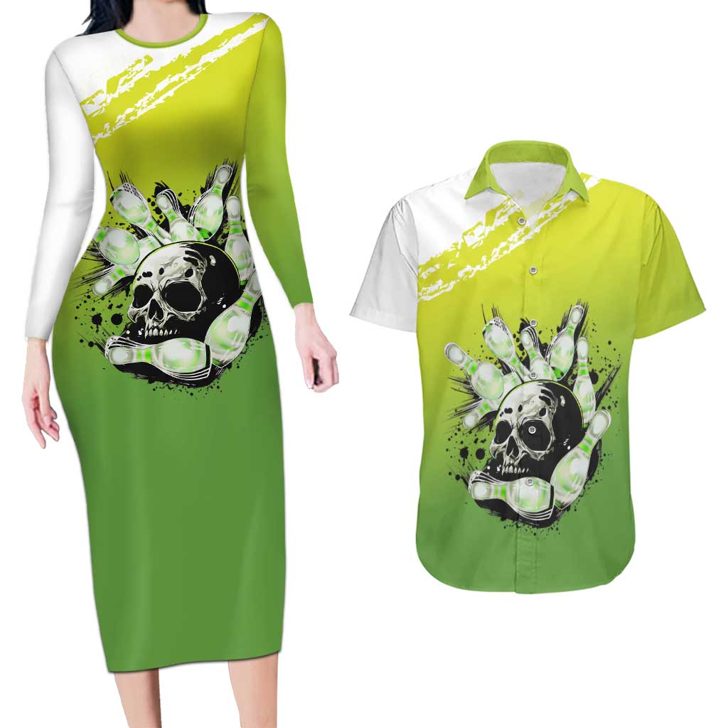 Personalized Skull Bowling Couples Matching Long Sleeve Bodycon Dress and Hawaiian Shirt with Neon Green Strike Design - Edgy Bowler Style - Wonder Print Shop