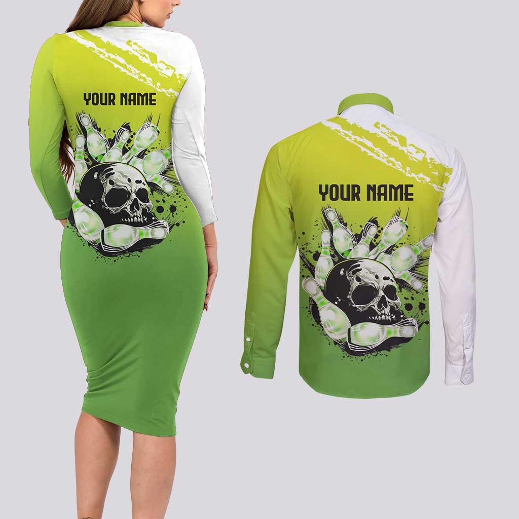 Personalized Skull Bowling Couples Matching Long Sleeve Bodycon Dress and Long Sleeve Button Shirt with Neon Green Strike Design - Edgy Bowler Style - Wonder Print Shop