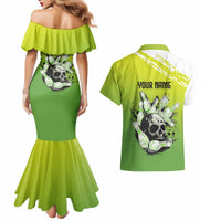 Personalized Skull Bowling Couples Matching Mermaid Dress and Hawaiian Shirt with Neon Green Strike Design - Edgy Bowler Style - Wonder Print Shop