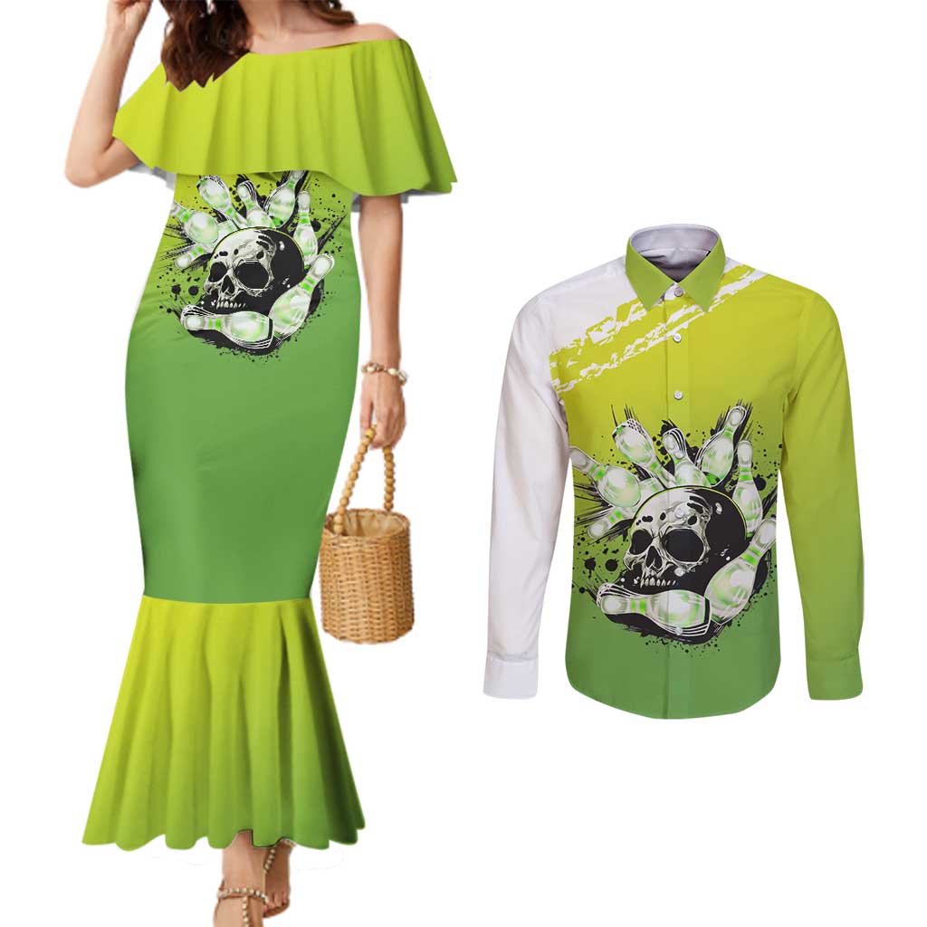 Personalized Skull Bowling Couples Matching Mermaid Dress and Long Sleeve Button Shirt with Neon Green Strike Design - Edgy Bowler Style - Wonder Print Shop