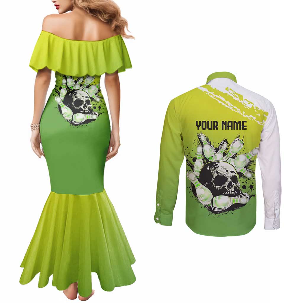 Personalized Skull Bowling Couples Matching Mermaid Dress and Long Sleeve Button Shirt with Neon Green Strike Design - Edgy Bowler Style - Wonder Print Shop